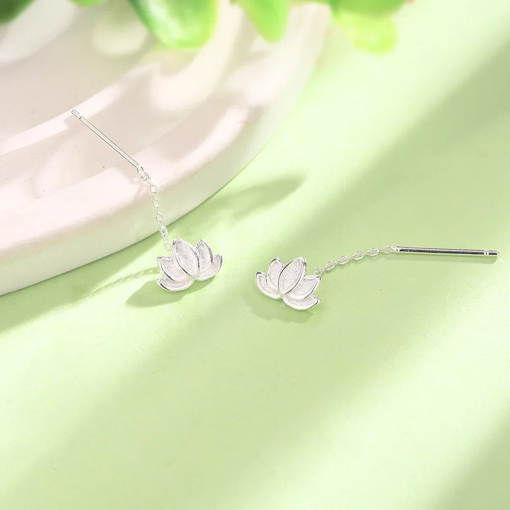 Real 925 Sterling Silver Long Cute Lotus Tassels Drop Earrings for Women Plant Fine Jewelry Allergy Minimalist Accessories