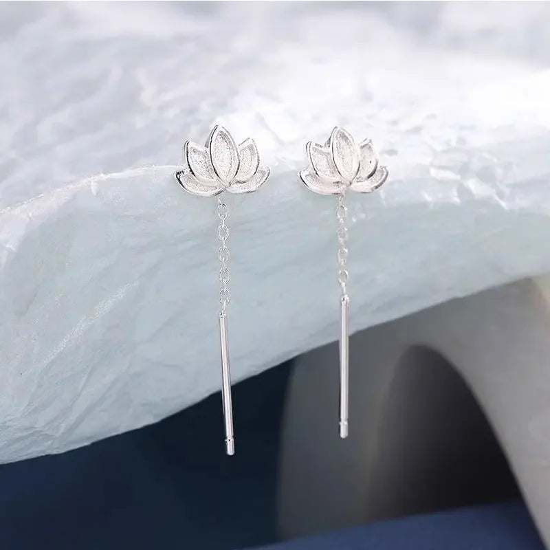 Real 925 Sterling Silver Long Cute Lotus Tassels Drop Earrings for Women Plant Fine Jewelry Allergy Minimalist Accessories
