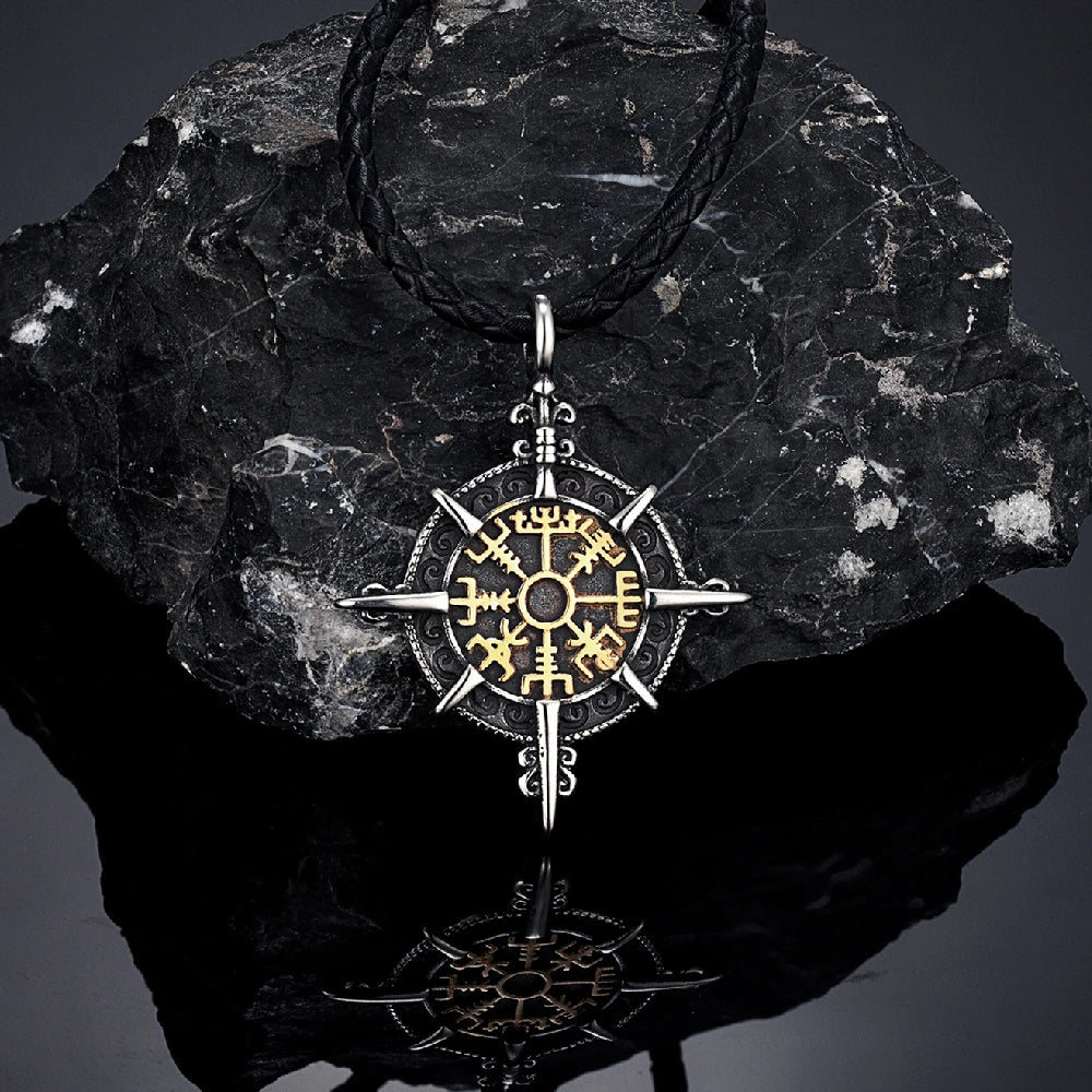 Retro Gold Color Vikings Compass Necklace Men Antique Stainless Steel Norse Rune Amulet Pendant Vegvisir Homme Icelandic Jewelry