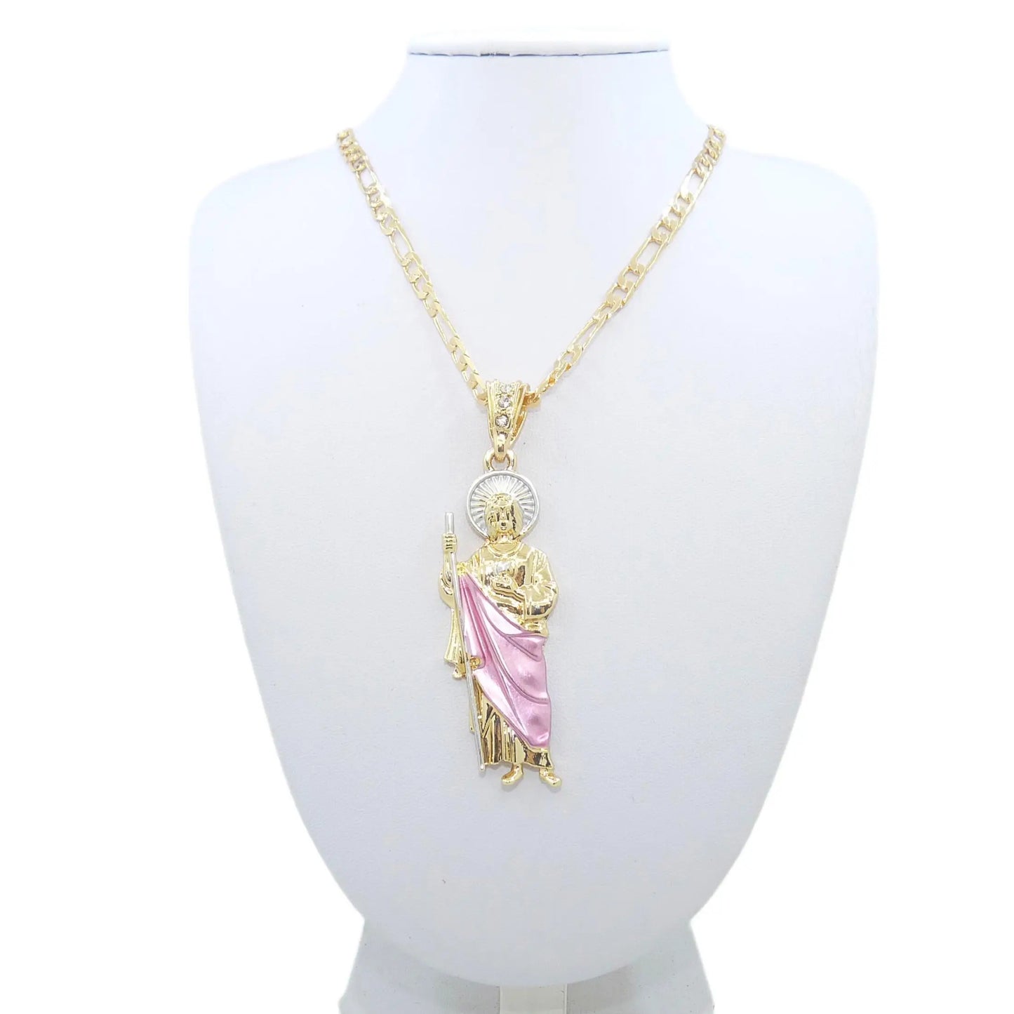 Saint Jude Necklace 14K Gold Plated San Judas Pendant Figaro Chain