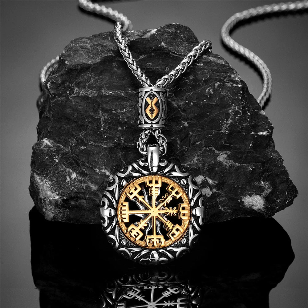Retro Men Norse Rune Bead Compass Necklace Gold Color Hollow Out Sun Pendant Stainless Steel Vegvisir Amulet Male Viking Jewelry