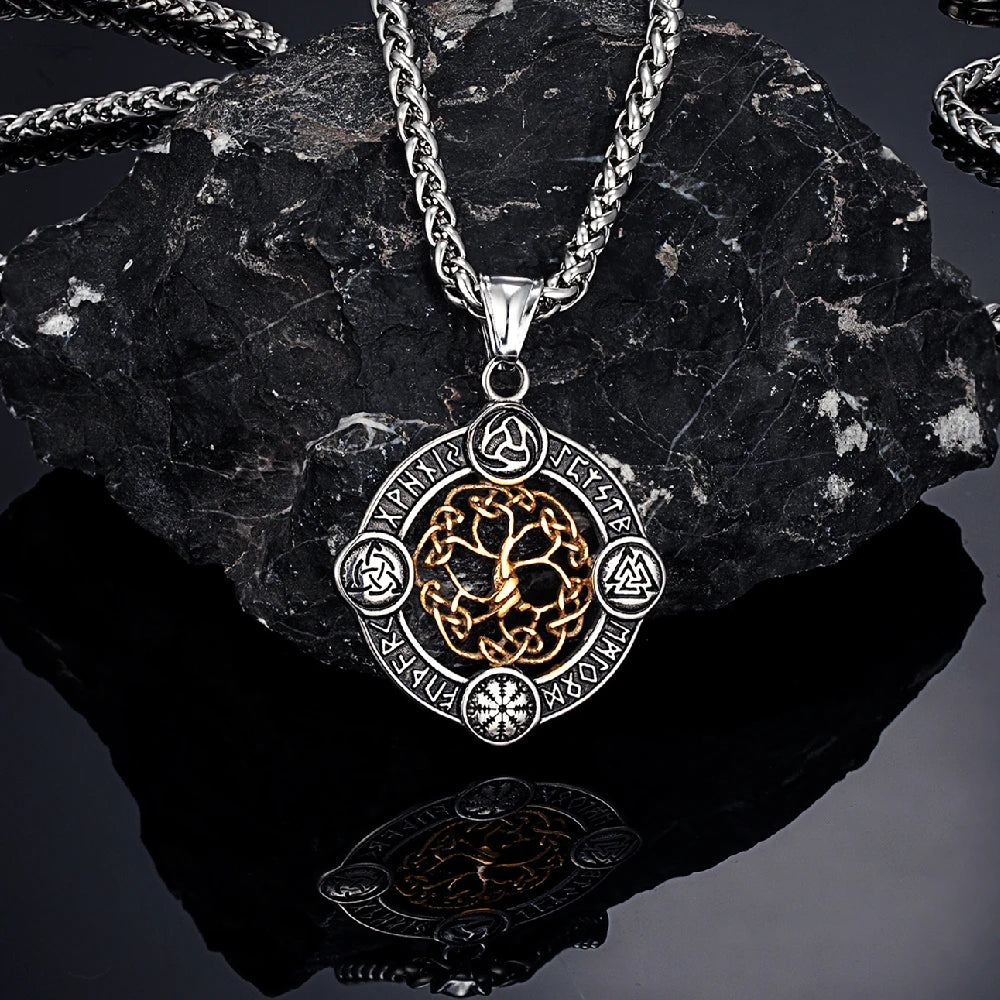 Never Fade Norse Rune Life Tree Necklace Men Gold Color Stainless Steel Pendant Valknut Trinity Male Lucky Amulet Viking Jewelry