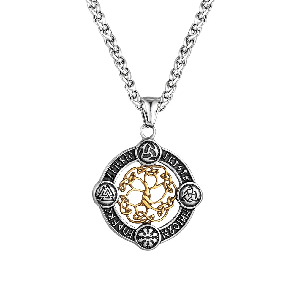 Never Fade Norse Rune Life Tree Necklace Men Gold Color Stainless Steel Pendant Valknut Trinity Male Lucky Amulet Viking Jewelry