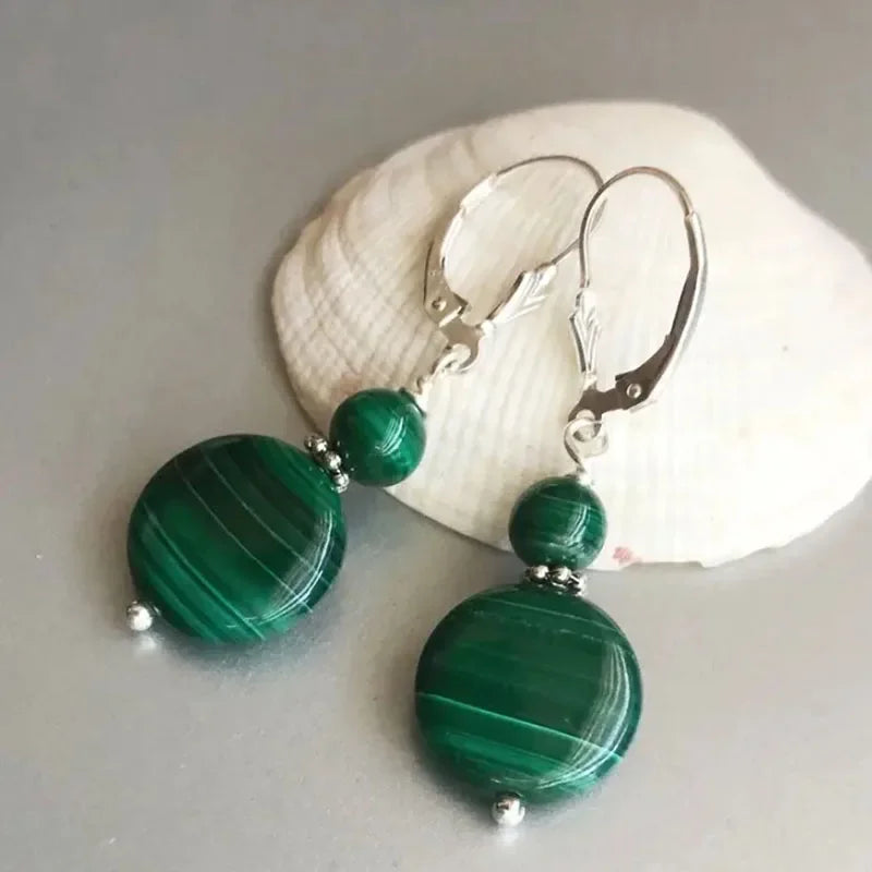 Malachite  Greenstone Lever Back Coin Earrings, Real Malachite Beaded Bohemian Jewelry