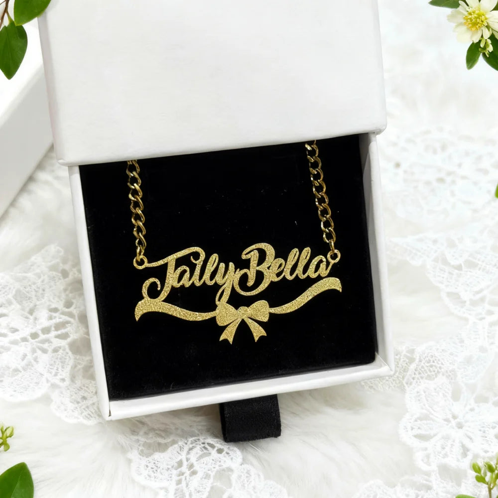 DUOYING Custom Name Heart Frame Necklace Earrings Diamond Cut Bow-shaped Base Nameplate Necklace