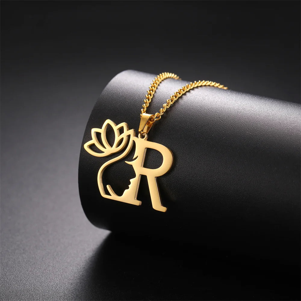 My Shape Beauty Lotus Flower Initials Necklace Women Girl Gifts Stainless Steel Letter Alphabet Pendants Choker Fashion Jewelry