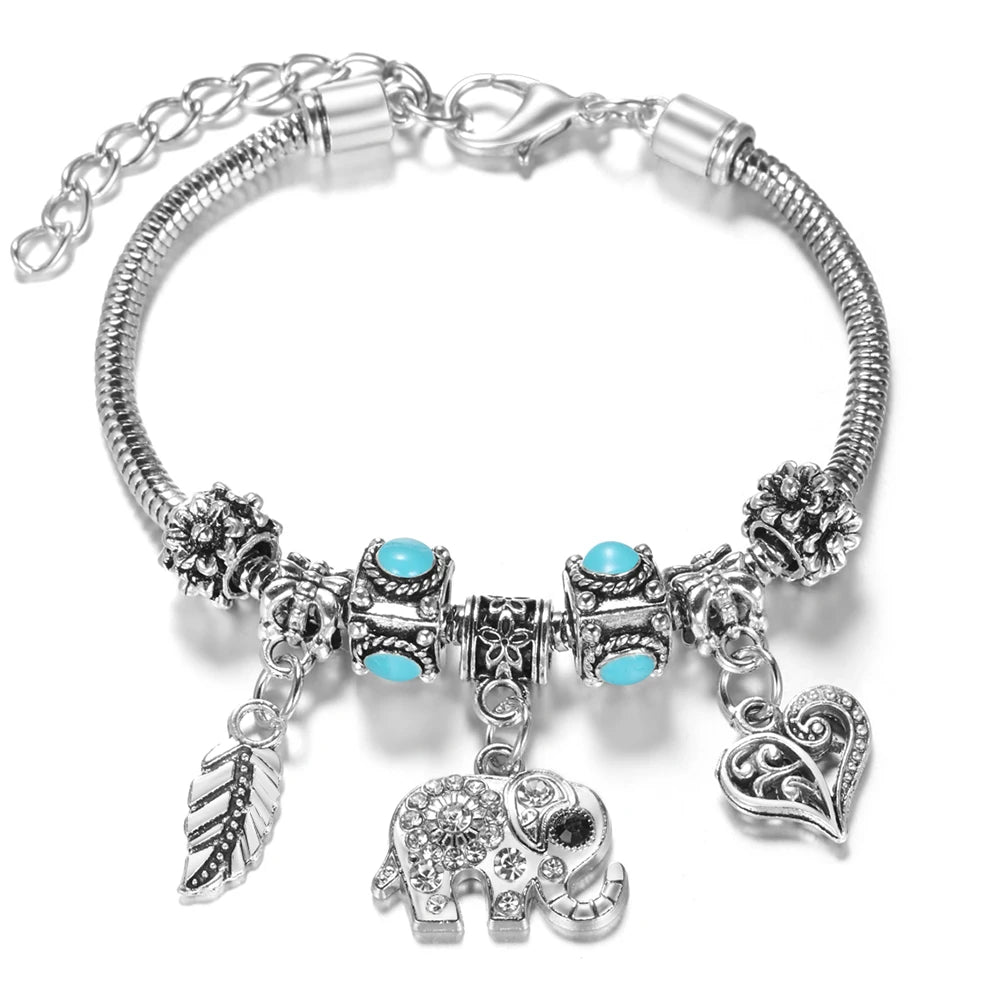 Multi Style Rhinestone 6 Color Beaded Bangle Lobster Buckle Adjustable Snake Chain Elephant Bracelet Pendant Woman Jewelry Gift
