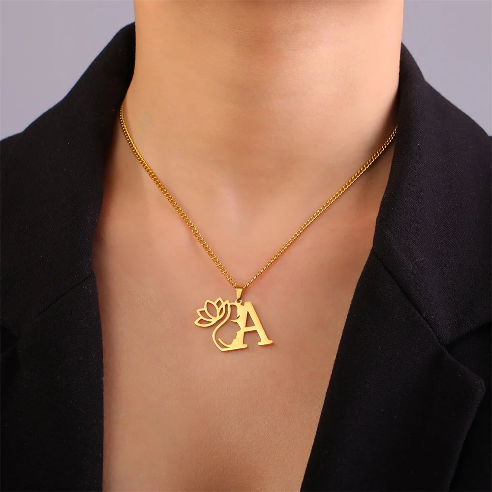 My Shape Beauty Lotus Flower Initials Necklace Women Girl Gifts Stainless Steel Letter Alphabet Pendants Choker Fashion Jewelry