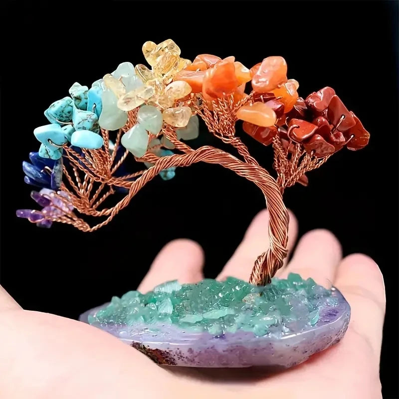 1pc Natural colorful crystal crushed stone Fengtail tree crystal agate piece base copper wire winding fortune tree ornament