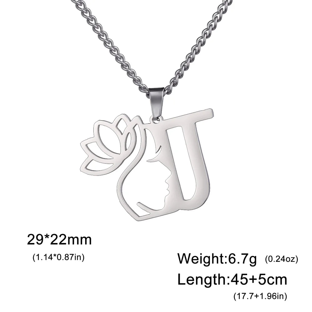 My Shape Beauty Lotus Flower Initials Necklace Women Girl Gifts Stainless Steel Letter Alphabet Pendants Choker Fashion Jewelry