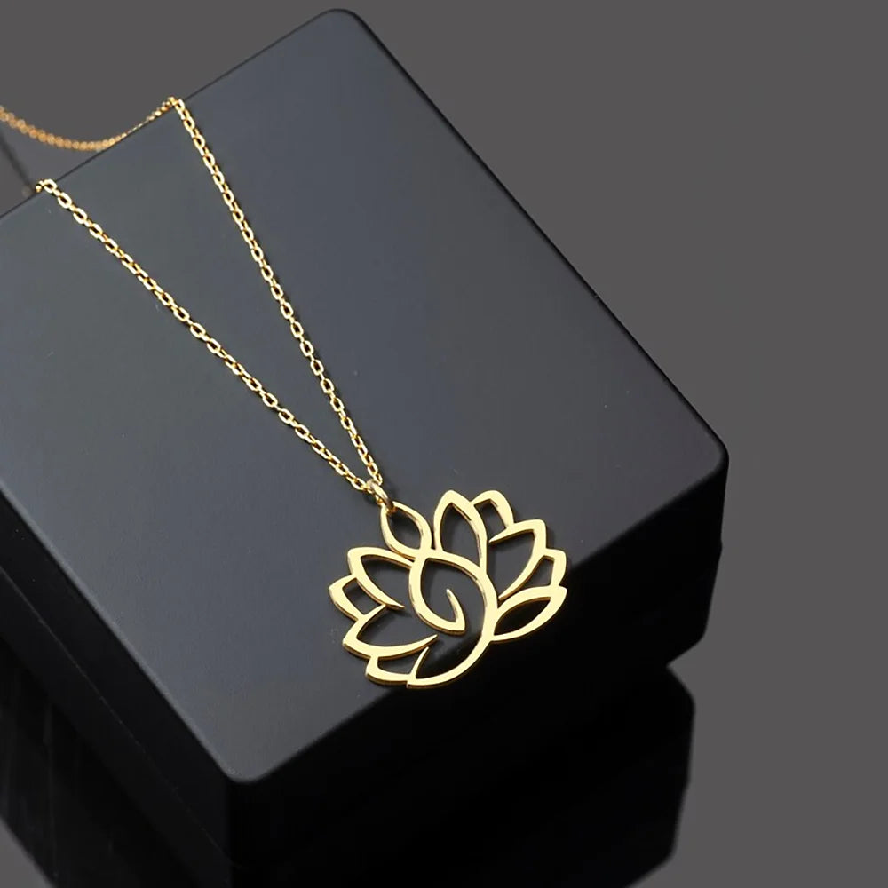 Stainless Steel Necklace Yoga Lotus Flower Necklaces Adjustable Chains Pendant Women Buddhist Religious Jewelry Party Gifts