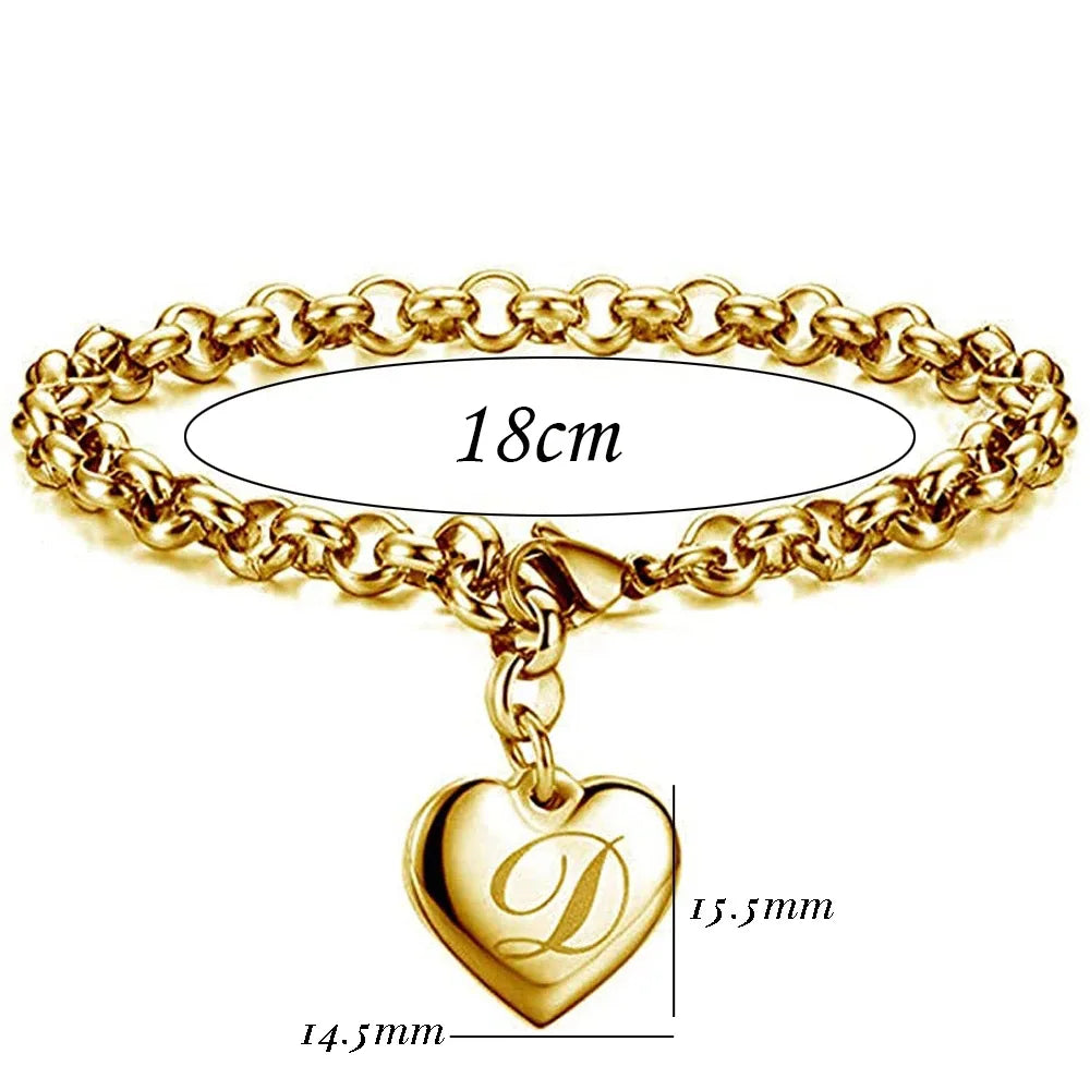 Initial Charm Gold-Color Bracelets Stainless Steel Heart 26 Letters Alphabet Bracelet for Women Girls Kids Gifts