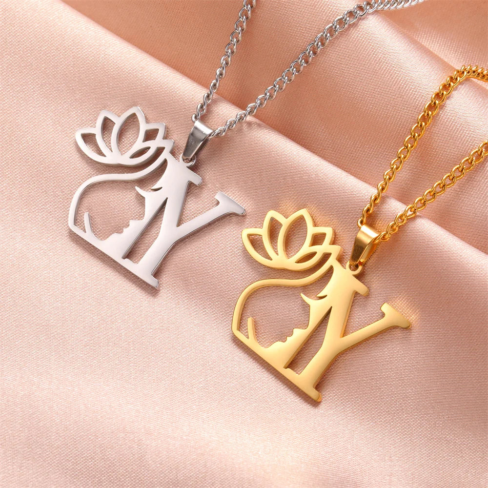 My Shape Beauty Lotus Flower Initials Necklace Women Girl Gifts Stainless Steel Letter Alphabet Pendants Choker Fashion Jewelry