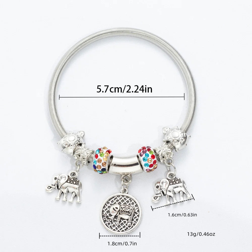 Creative Elephant Charms Bracelet Colorful Rhinestone Bead Silver Color Metal Bracelet For Women