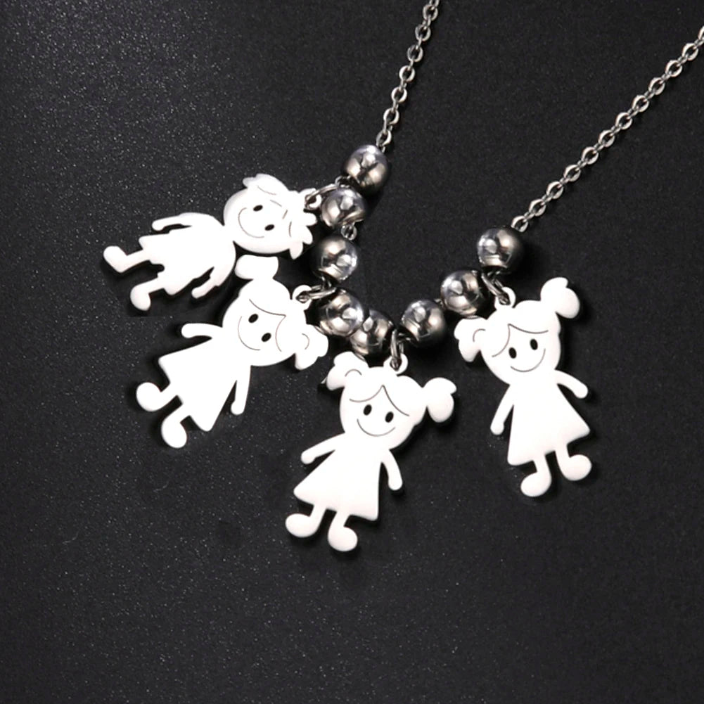 Necklace with white cartoon-like character pendants on a black background