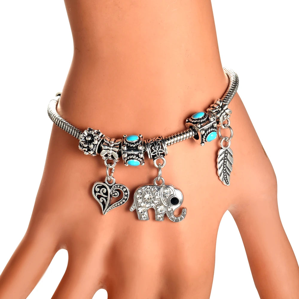 Multi Style Rhinestone 6 Color Beaded Bangle Lobster Buckle Adjustable Snake Chain Elephant Bracelet Pendant Woman Jewelry Gift