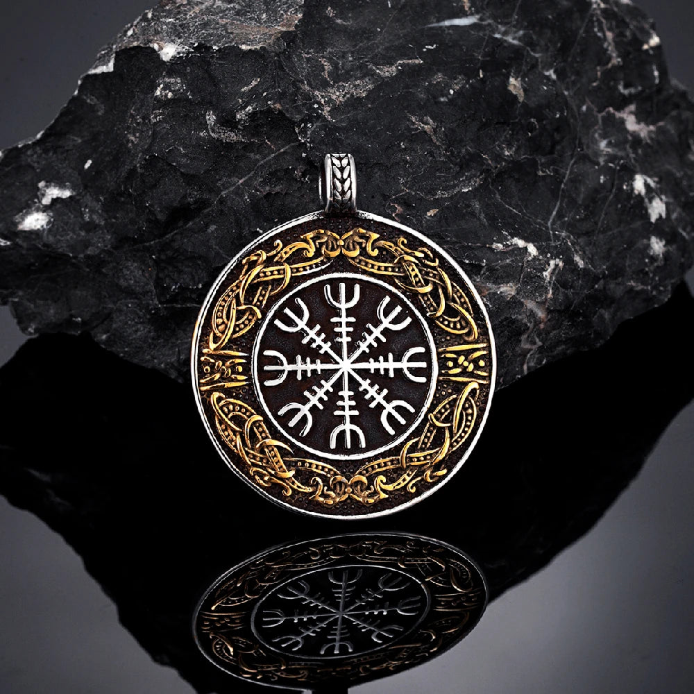 Vintage Ouroboros Vikings Rune Compass Necklace Men Norse Amulet Stainless Steel Pendant Genuine Leather Chain Icelandic Jewelry