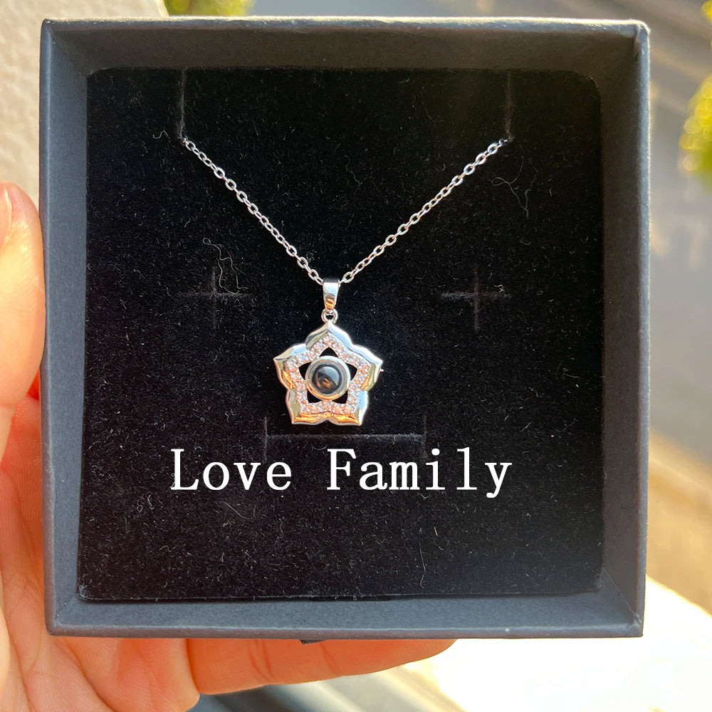 Custom Photo Projection Necklace Stainless Steel Chain Heart Flower Start Pendant DIY Picture Inside Couple Family Necklace