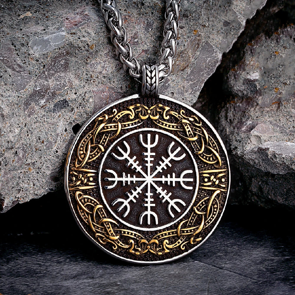 Vintage Ouroboros Vikings Rune Compass Necklace Men Norse Amulet Stainless Steel Pendant Genuine Leather Chain Icelandic Jewelry