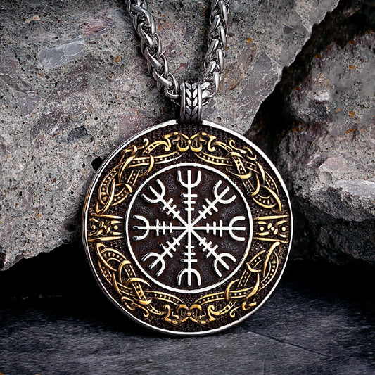 Vintage Ouroboros Vikings Rune Compass Necklace Men Norse Amulet Stainless Steel Pendant Genuine Leather Chain Icelandic Jewelry
