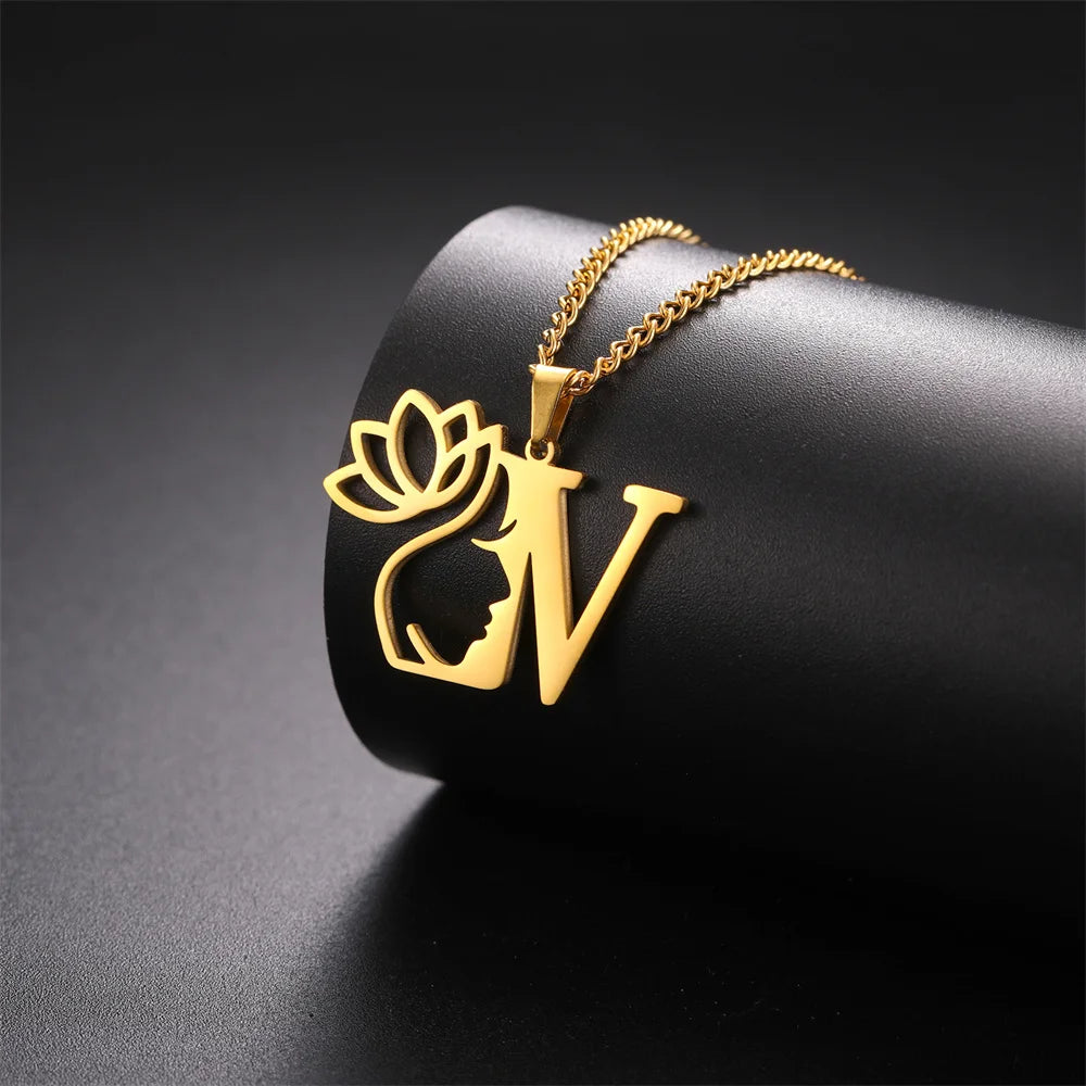 My Shape Beauty Lotus Flower Initials Necklace Women Girl Gifts Stainless Steel Letter Alphabet Pendants Choker Fashion Jewelry