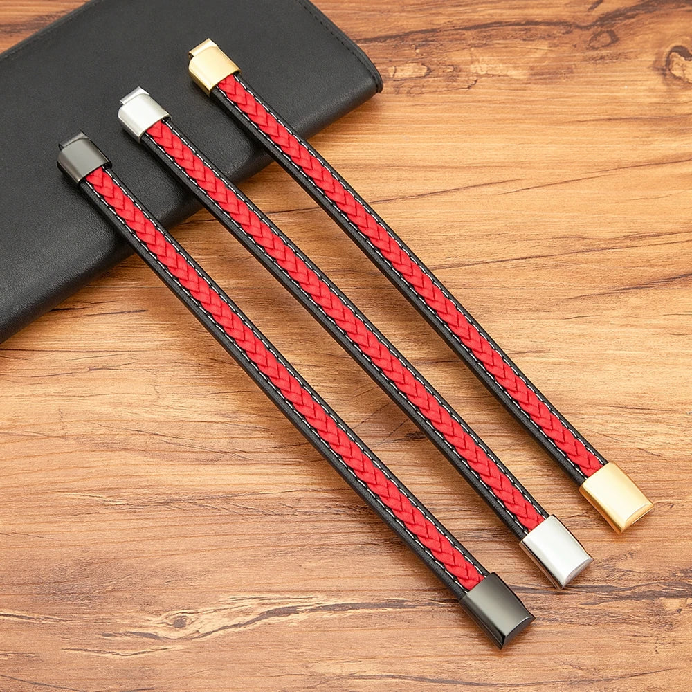 XQNI Black & Red Braided Rope Leather Bracelet Men Stainless Steel Charm Jewelry Bangle for Friend Couple Birthday New Year Gift
