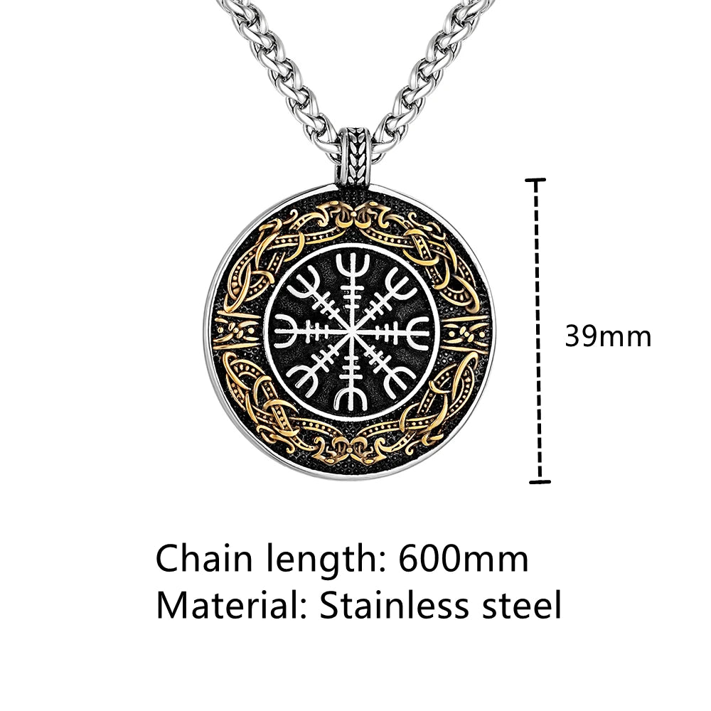 Vintage Ouroboros Vikings Rune Compass Necklace Men Norse Amulet Stainless Steel Pendant Genuine Leather Chain Icelandic Jewelry