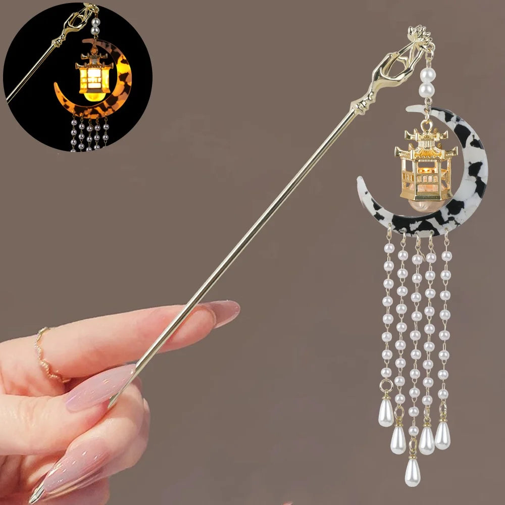 Luminous Flower Hairpin For Women Creative Lotus Emit Light Lantern Tassel Hair Stick Vintage Chinese Style Metal Hair Accessory