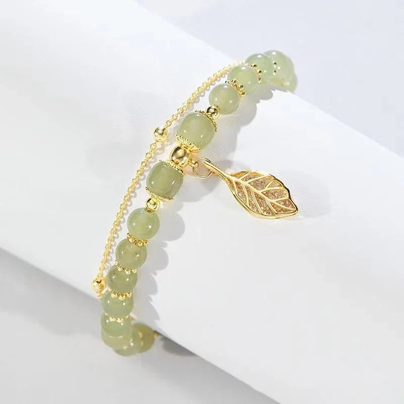 2026Chinese Style Green Jade Bracelet For Women Exquisite Gold Color Leaves Wrist Strap Bangle Double Chain Bracelet Girls Gifts