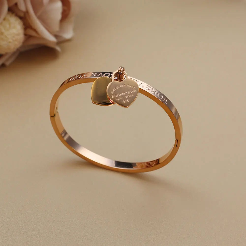 XB999 Hot Classic Stainless Steel Gold Color Bracelets & Bangles Wholesale Jewelry Fine Double Peach Heart Love Bracelets Female