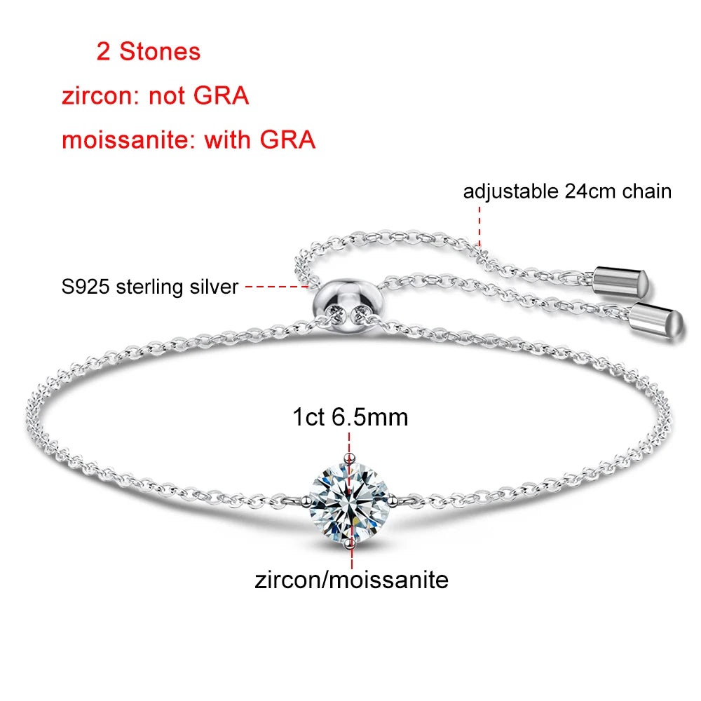 Certified 1CT Moissanite Bracelet for Women Real S925 Silver Classic Round Lab Diamond Charm Hand Chain Adjustable Jewelry Gifts