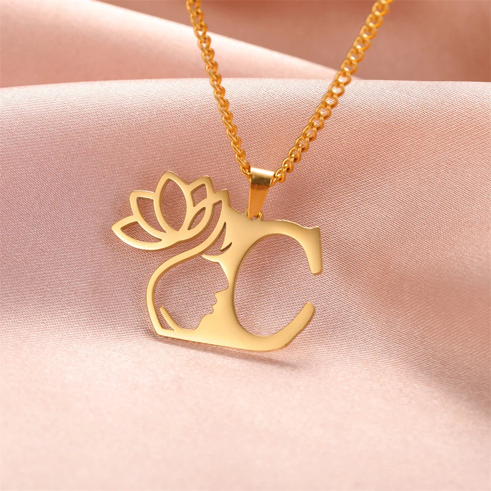 My Shape Beauty Lotus Flower Initials Necklace Women Girl Gifts Stainless Steel Letter Alphabet Pendants Choker Fashion Jewelry