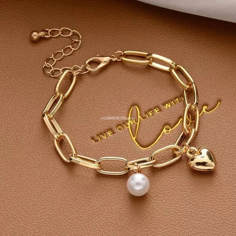 Simple Elegant Imitation Pearl Bracelets Golden Color Beads Chain for Womens Goth Chain Bracelet Bangles Trend Jewelry Gifts