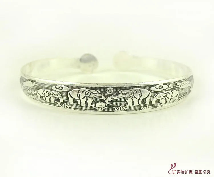 New Retro Cuff Bracelets Tibetan Silver Metal Carving Fish Elephant Flower Bangles Vintage Gypsy Jewelry Female Gifts