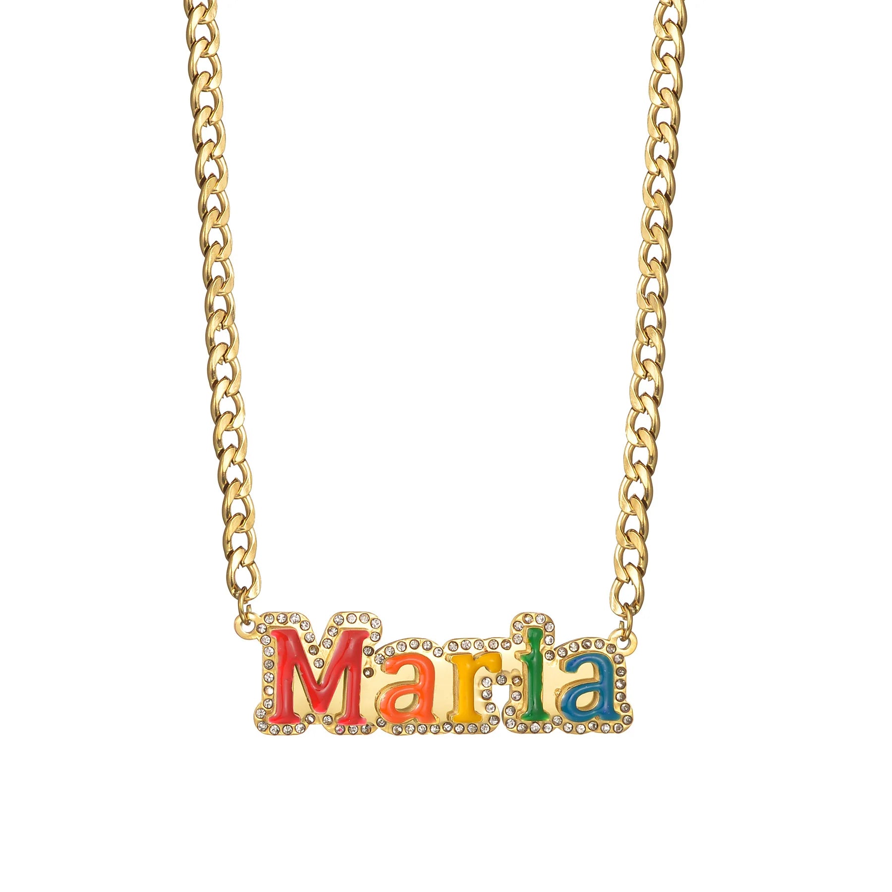 Necklace with 'Maria' in colorful letters on a gold chain against a white background