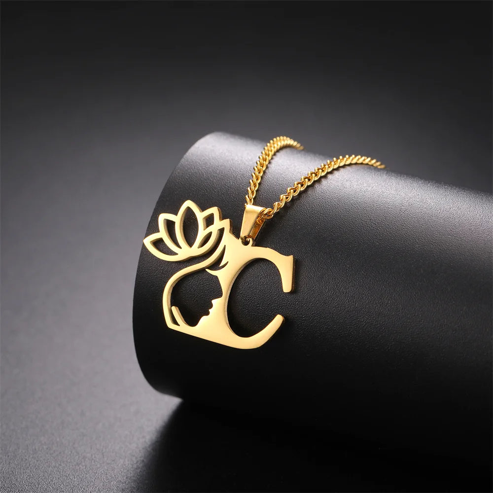 My Shape Beauty Lotus Flower Initials Necklace Women Girl Gifts Stainless Steel Letter Alphabet Pendants Choker Fashion Jewelry