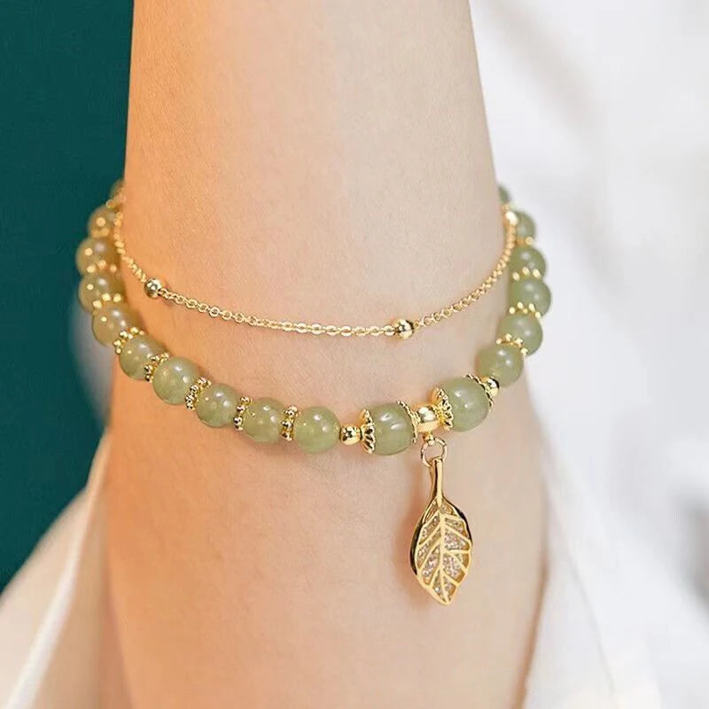 2026Chinese Style Green Jade Bracelet For Women Exquisite Gold Color Leaves Wrist Strap Bangle Double Chain Bracelet Girls Gifts