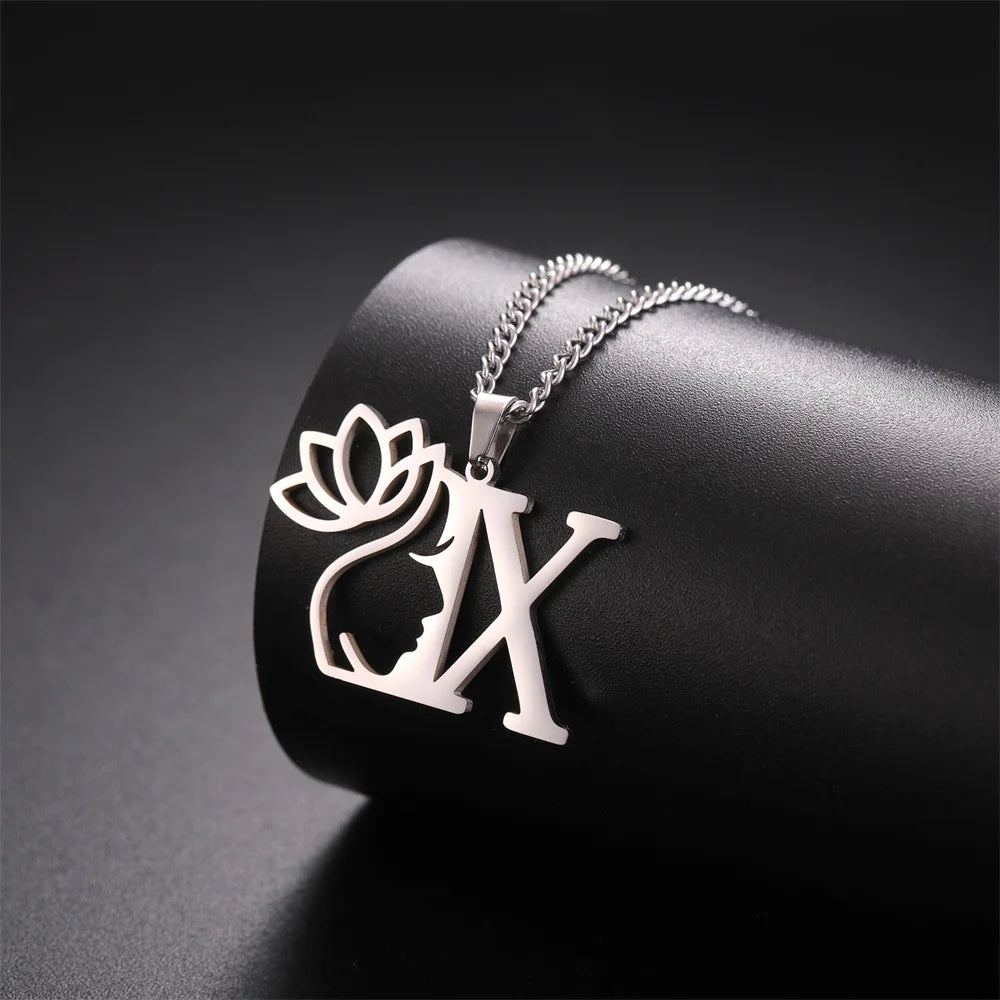 My Shape Beauty Lotus Flower Initials Necklace Women Girl Gifts Stainless Steel Letter Alphabet Pendants Choker Fashion Jewelry