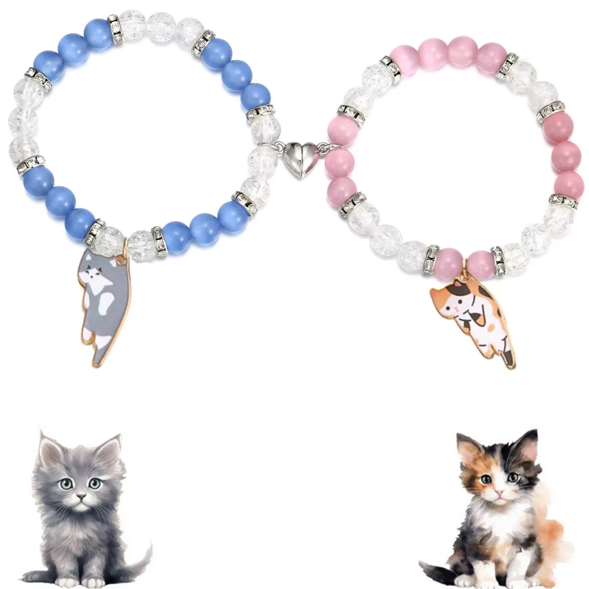 2 pcs of Blue and Pink Beads Cute cat Pendant Heart Shape Magnet Elastic Couple's Bracelets, Bff Trendy Jewelry Gifts