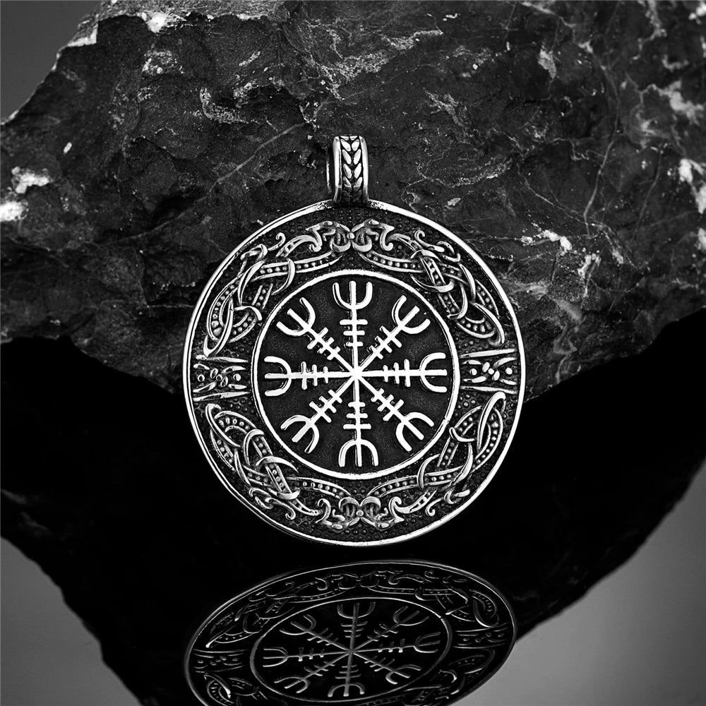 Vintage Ouroboros Vikings Rune Compass Necklace Men Norse Amulet Stainless Steel Pendant Genuine Leather Chain Icelandic Jewelry