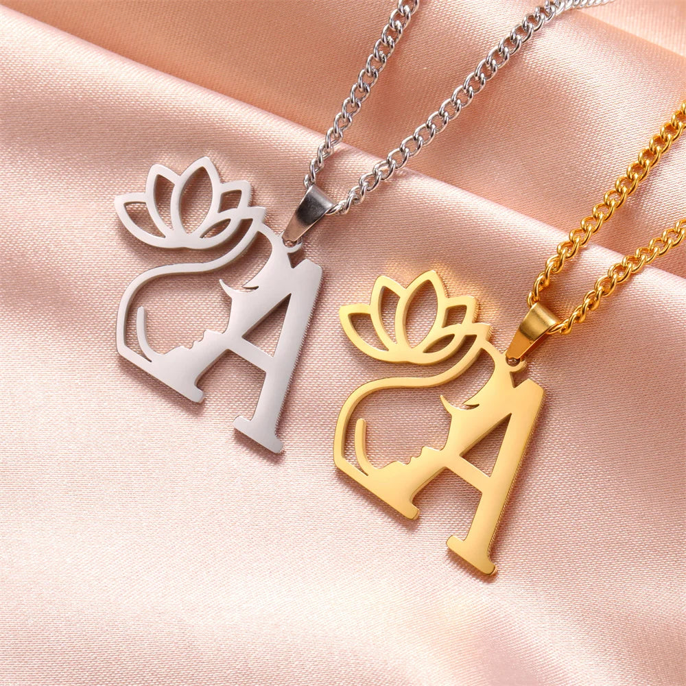 My Shape Beauty Lotus Flower Initials Necklace Women Girl Gifts Stainless Steel Letter Alphabet Pendants Choker Fashion Jewelry