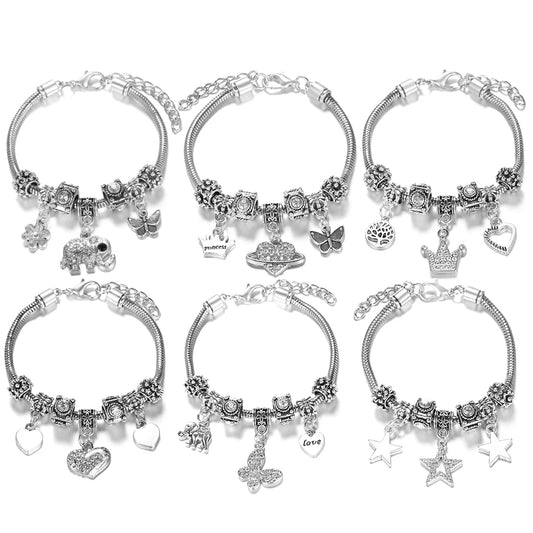 Multi Style Rhinestone 6 Color Beaded Bangle Lobster Buckle Adjustable Snake Chain Elephant Bracelet Pendant Woman Jewelry Gift