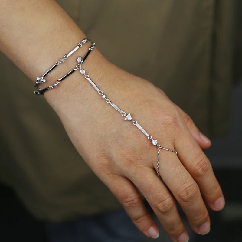 Gold Color Geometric Various Shaped Bezel CZ Plain Bar Charm Double Layer Sexy Fashion Women Hand Chain Bracelets