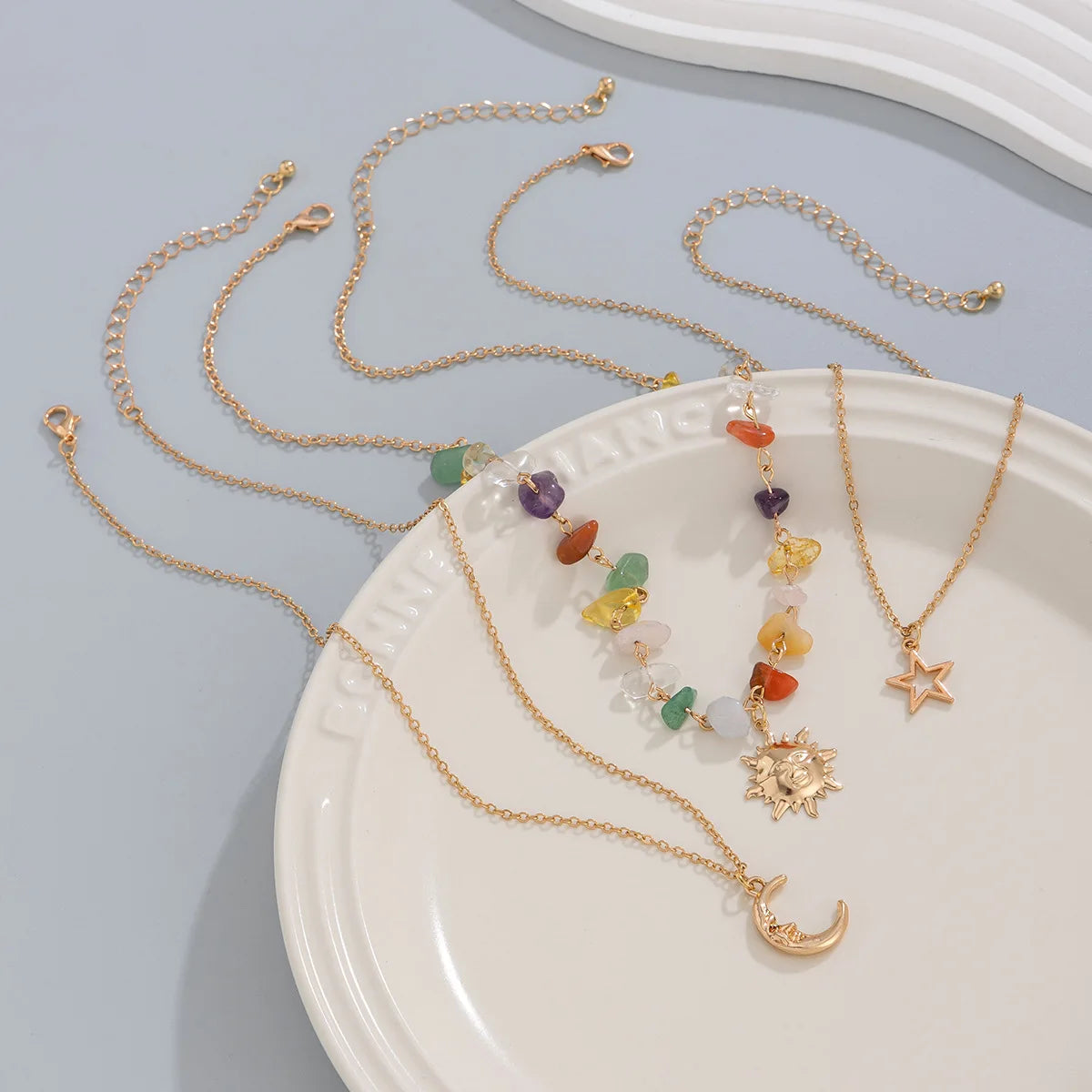 Retro Moon, Sun, Star Pendant Necklace 2024 Women's Multi layer Gold Color Metal Colored Stone Weaving Girls' Fashion Jewelry