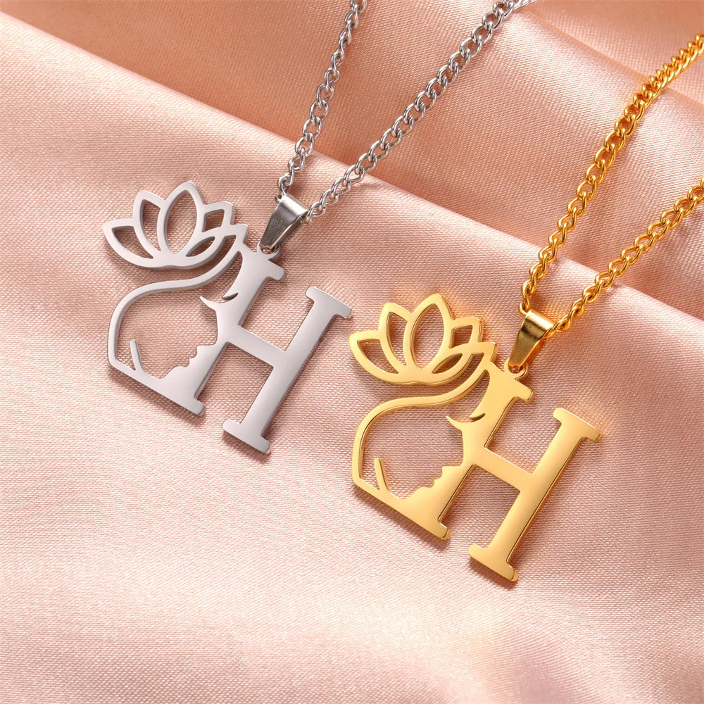 My Shape Beauty Lotus Flower Initials Necklace Women Girl Gifts Stainless Steel Letter Alphabet Pendants Choker Fashion Jewelry