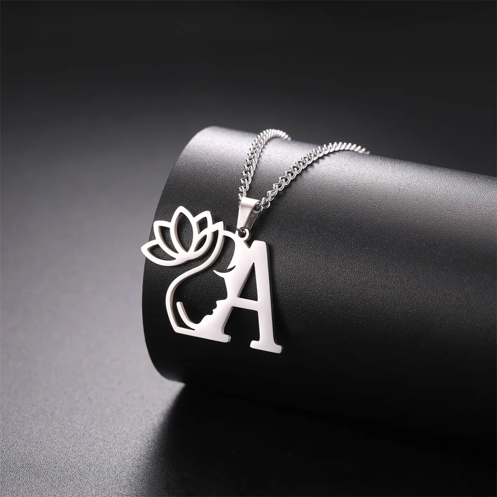 My Shape Beauty Lotus Flower Initials Necklace Women Girl Gifts Stainless Steel Letter Alphabet Pendants Choker Fashion Jewelry