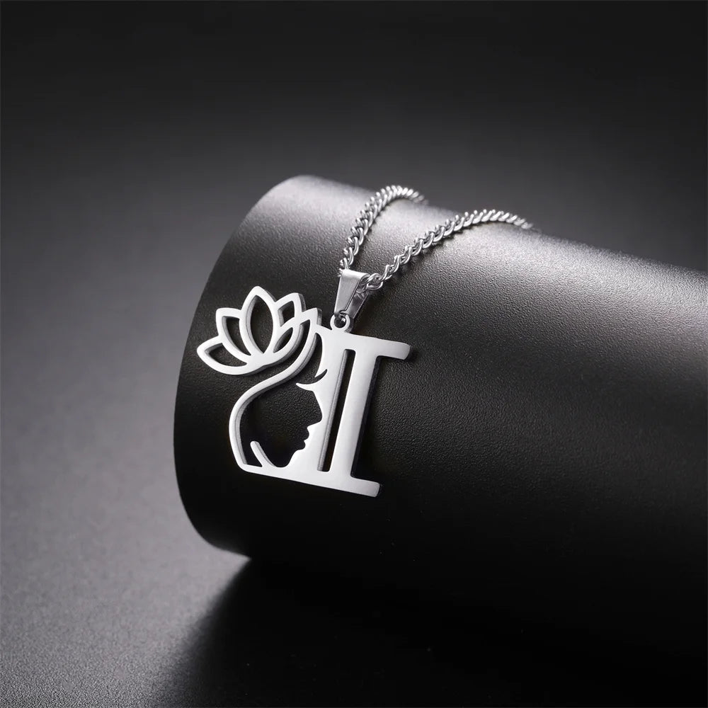 My Shape Beauty Lotus Flower Initials Necklace Women Girl Gifts Stainless Steel Letter Alphabet Pendants Choker Fashion Jewelry