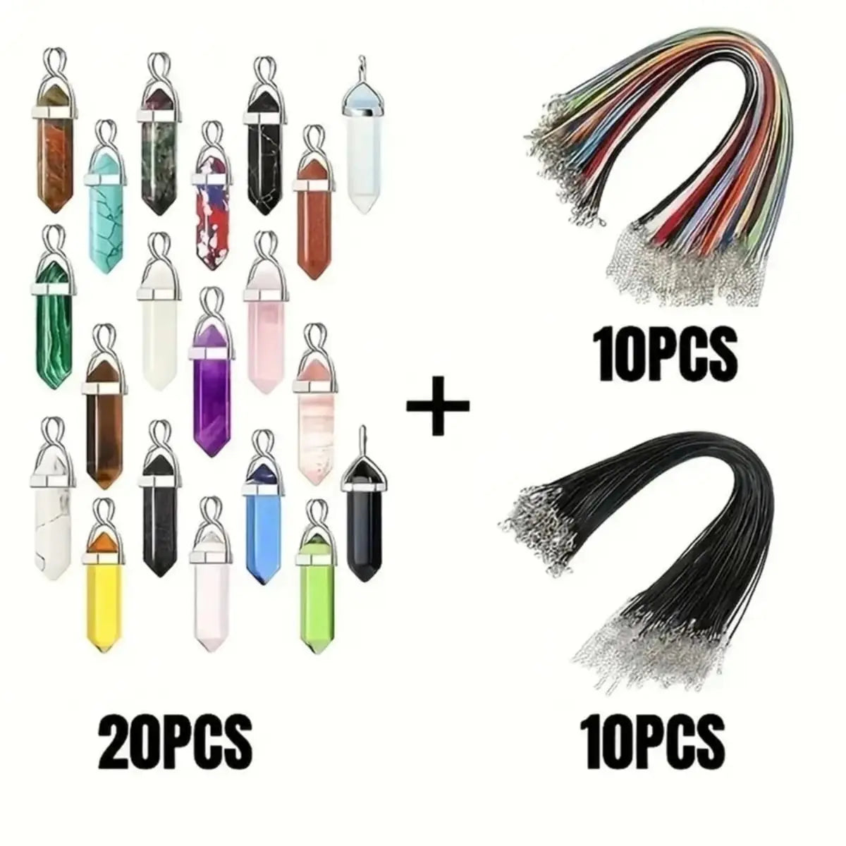 40PCS/30PCS Hexagonal Chakra Synthetic Crystal Pendant , Pointed Quartz Stone With Leather Necklace Chain Storage Bag