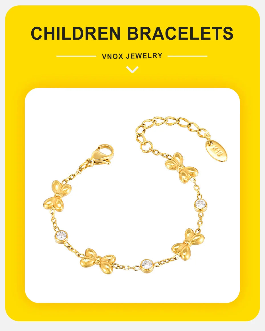 Vnox Stainless Steel Children's Bracelet For Baby Girls,Cubic Zirconia Inlay With Bow Element Chain,Cute Style Jewelry Daily