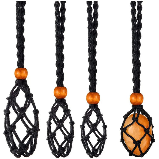Multicolor Natural Stone Crystal Stone Mesh Pocket Braided Necklace Pendant Vintage Braided Adjustable Mesh Pocket Pendant Rope